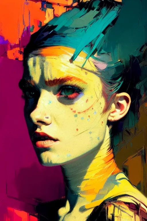 Image similar to portrait of a beautiful punk girl, complementary colors, beautiful face, rule of thirds, intricate outfit, spotlight, by greg rutkowski, by jeremy mann, by francoise nielly, by van gogh, digital painting