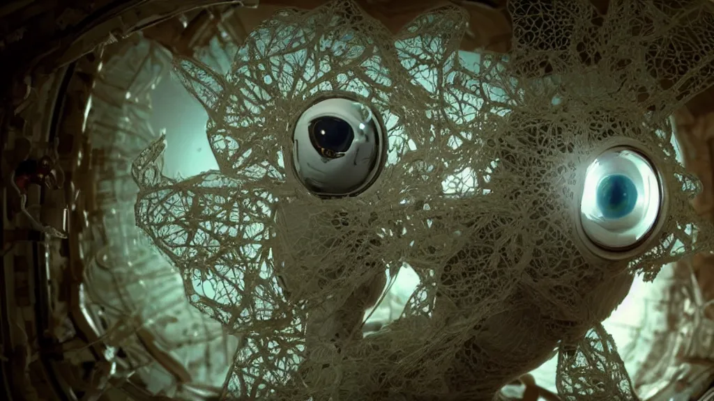 Image similar to a single astronaut eva suit interwoven with diamond 3d fractal lace iridescent bubble 3d skin and covered with insectoid compound eye camera lenses floats through the living room, film still from the movie directed by Denis Villeneuve with art direction by Salvador Dalí, wide lens,