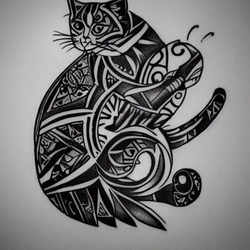 Image similar to tattoo sketch in polynesian style cat hugging the sun