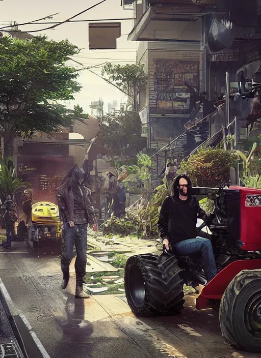 Image similar to wake up samurai we have a community to feed, solarpunk keanu reeves driving a tractor, cyberpunk 2 0 7 7, solarpunk, lots of plants, gardening, permaculture, anarchy, realistic, ultra detailed