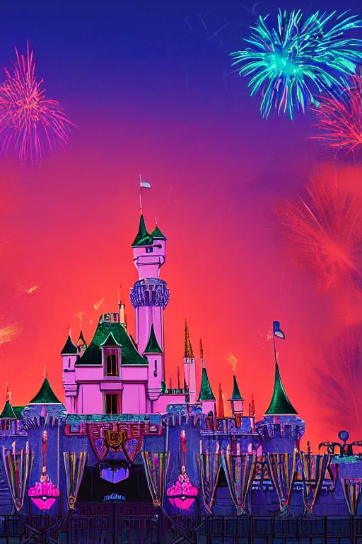 Image similar to concept art of disneyland castle, synthwave, sunset, fireworks, neon