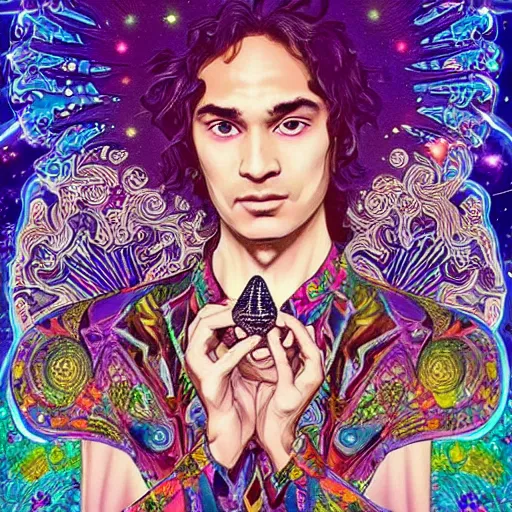 Prompt: psychedelic, intricate, highly detailed, anime, 4k, beautiful Frank Dillane as a seductive man holding a crystal containing the universe, with professional makeup, long trippy hair, surrounded by gems, underneath the stars, trending on patreon, deviantart, twitter, artstation, volumetric lighting, heavy contrast, by artgerm and Ilya Kuvshinov and alphonse mucha