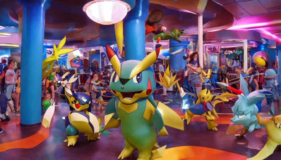 Image similar to 1990s photo of inside the Pokémon themed Ride at Universal Studios in Orlando, Florida, children riding through a Pokémon gym where Pokémon are battling, cinematic, UHD