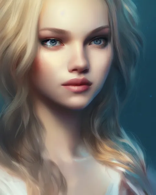 Prompt: portrait of a beautiful girl, flowy blonde hair, cinematic lighting, highly detailed, digital painting, trending on artstation, pixiv, concept art, sharp focus, illustration, art by ross tran and wlop