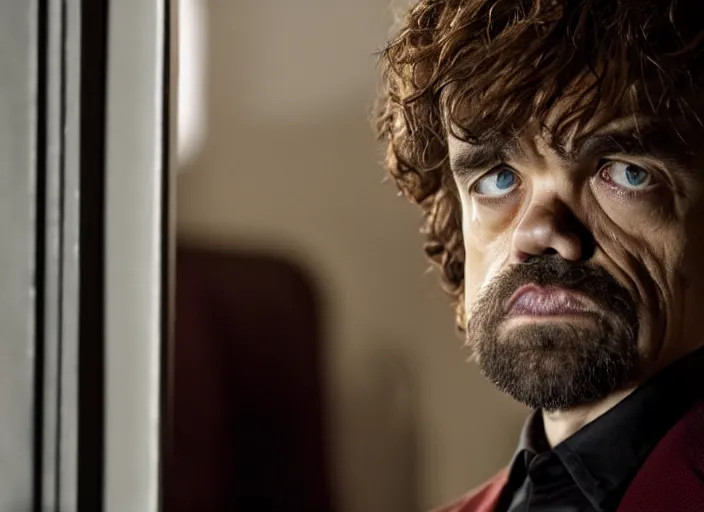 Image similar to peter dinklage looking out of a closet, movie still, from the new ringu movie, 8 k, realistic