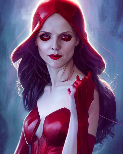 Image similar to Scarlet witch marvel, Sarah Michelle Gellar, evil smile, spells magic, realistic character concept, full body, scary pose, comic book, illustration, slender symmetrical face and body, cinematic lighting, high resolution, Charlie Bowater, Norman Rockwell, symmetrical eyes, single face, insanely detailed and intricate, beautiful