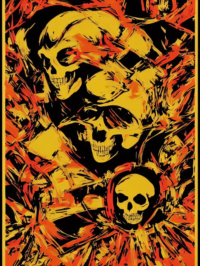 Image similar to poster offear featuring portrait of skeletor, red yellow orange black and cream colors, poster by shepard fairey