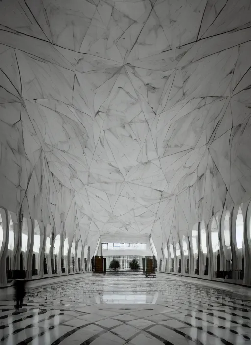 Image similar to white marble interior photograph, architecture carved, shiny, brutalist, smooth, expansive, by louis kahn and moshe safdie