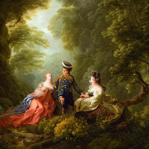 Prompt: an 1800's admiral in the forest, Fantasy atmospheric lighting, digital painting, hyperrealistic, François Boucher, Oil Painting, Cozy, natural light, lush plants and flowers, visually crisp & clear, Volumetric Golden dappled dynamic lighting, Regal, Refined, elegant, bright clouds, luminous stellar sky, outer worlds, cognitive Coherence cohesion character illustration, photorealistic, Vivarium, Theophanic atmosphere, michael whelan, William-Adolphe Bouguereau, Michael Cheval, Crisp hd resolution, Digital Art, hyperdetailed, artstation, cgsociety, Highly Detailed, Cinematic Lighting, HD resolution, unreal 5, DAZ, hyperreality, octane render, Unreal Engine