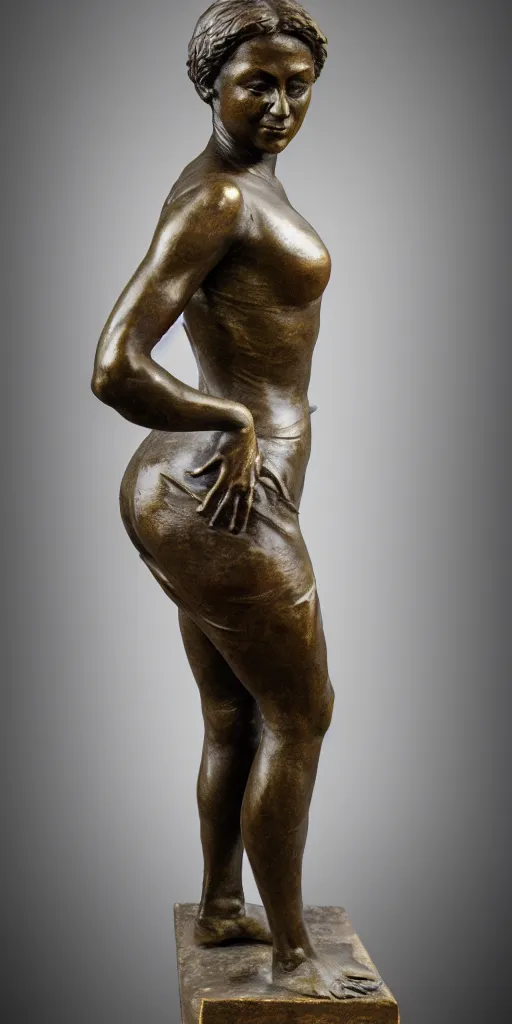 Prompt: detailed photo of old bronze patina statue of most famous woman, full body portrait, various bending poses, photorealism, intricate detail, museum diffuse lighting