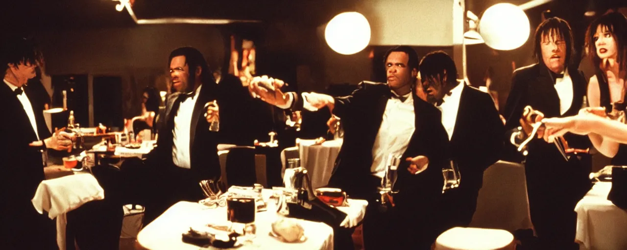 Image similar to behind the scenes photograph of pulp fiction dinner scene. 35mm film footage, movie frame. screnshot. Cinmatography. Hollywood. Real image. Cinematic lighting.