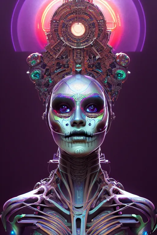 Image similar to ultra detailed Female Android deity, scifi, octane render, (dia de los muertos), asymmetrical, intricate concept art, triadic color scheme, art by artgerm and giger and DZO and greg rutkowski and alphonse mucha and WLOP