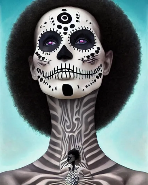 Image similar to dia de los muertos theme surrealist art in the styles of igor morski, jim warren, and aida muluneh, intricate, hyperrealistic, accurate facial details, profile picture with chromakey!!!!! background, volumetric lighting