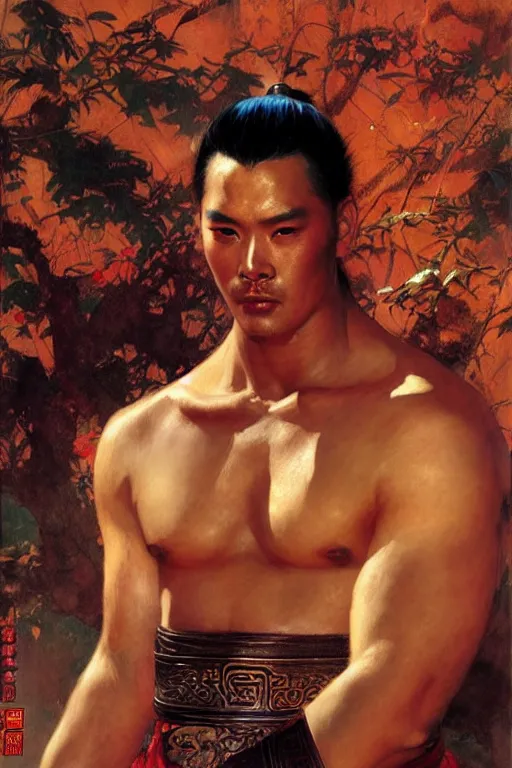 Prompt: wuxia, beefy male, character design, ancient china, colorful, painting by gaston bussiere, craig mullins, j. c. leyendecker, tom of finland