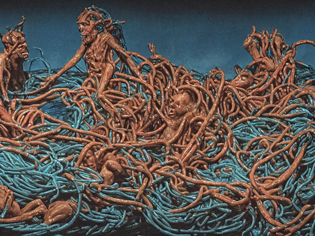 Image similar to the raft of the medusa as an animatronic schlock body horror film, play-doh, neon lights, rubber latex, fleshy, Cronenberg, Rick Baker, dramatic film still, daylight, photo real, extremely detailed, wet, slimy, wide angle, rule of thirds, 28mm, 1984, vivid colors, Eastman EXR 50D 5245/7245