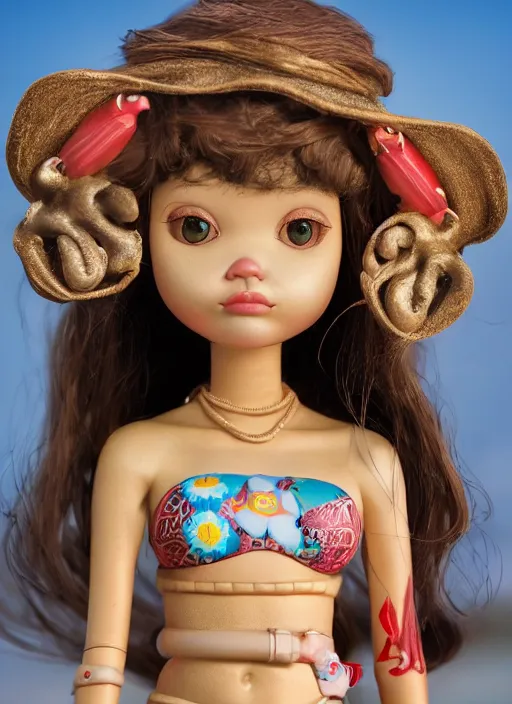 Prompt: closeup profile portrait of tin toy bikini girl surf sand, depth of field, zeiss lens, detailed, symmetrical, centered, fashion photoshoot, by nicoletta ceccoli, mark ryden, lostfish, breathtaking, 8 k resolution, extremely detailed, beautiful, establishing shot, artistic, hyperrealistic, octane render