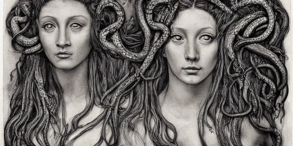 Prompt: realistic portrait of a medusa with her snake hair, 1450, ink, ultra realistic, 8k