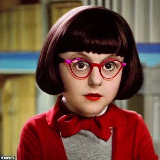 Image similar to matilda may is velma from scooby doo show, she is staring at the photographer,