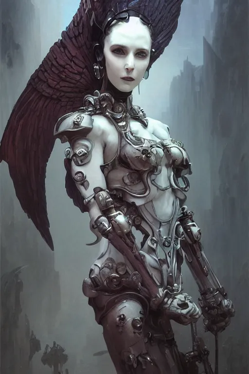 Image similar to Portrait of beautiful pale warhammer 40000 goth girl with mechanical wings, dark fantasy, digital illustration, intricate, highly detailed, smooth, artstation, painted by Wayne Barlowe and Greg Rutkowski and zdislav beksinski and Ruan Jia and Mandy Jurgens and Artgerm and william-adolphe bouguereau