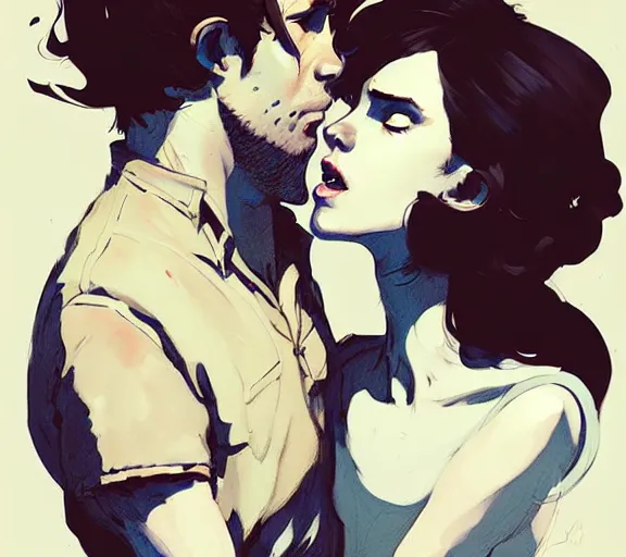 Image similar to portrait of jamie kissing claire by atey ghailan, by greg rutkowski, by greg tocchini, by james gilleard, by joe fenton, by kaethe butcher, dynamic lighting, gradient light blue, brown, blonde cream and white color scheme, grunge aesthetic