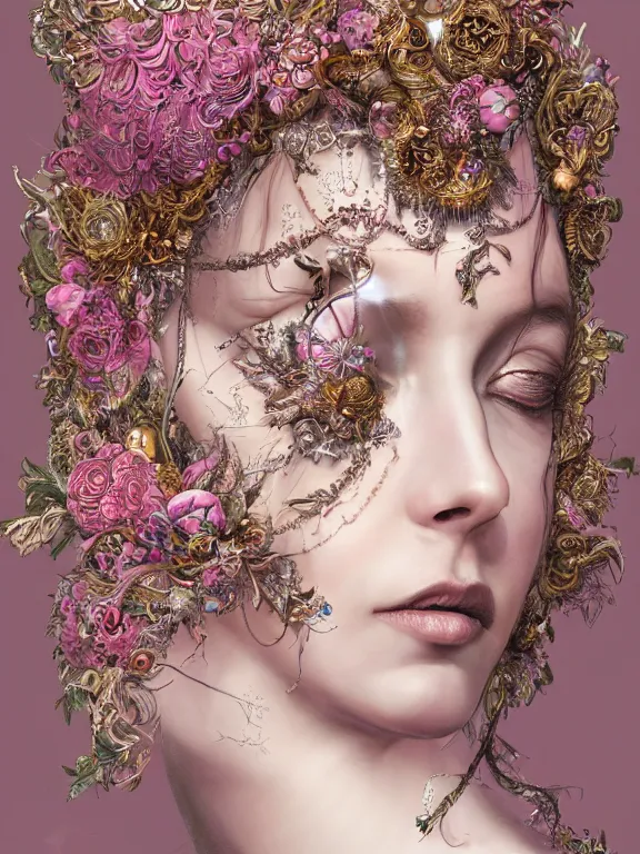 Image similar to a beautiful portrait render of baroque young lady who has perfect human face and dramatic headdress with intricate fractals of flowers and star made of crystals, by Billelis and aaron horkey and peter gric and Nekro and Virginie Ropars,ZBrush,hyperreal,pearlescent,jewelry,gold,pink,maximalist