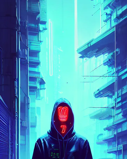 Image similar to cyberpunk synth, hyper - realistic portrait of a man in a hoodie with detailed neon mask, cyberpunk, intricate, digital painting, by atey ghailan, by greg rutkowski, by greg tocchini, by james gilleard, by joe fenton, by kaethe butcher, dynamic lighting, gradient light blue, lighting color scheme, sharp focus, grunge aesthetic