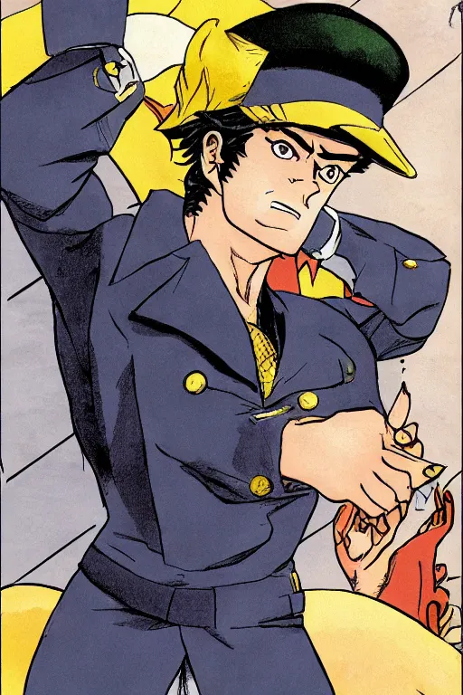 Image similar to jotaro kujo using a cap, meets corto maltese, comic book