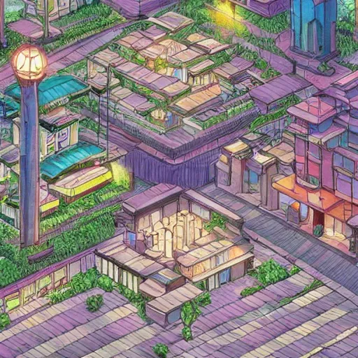 Image similar to a solarpunk city in the style of studio ghibli