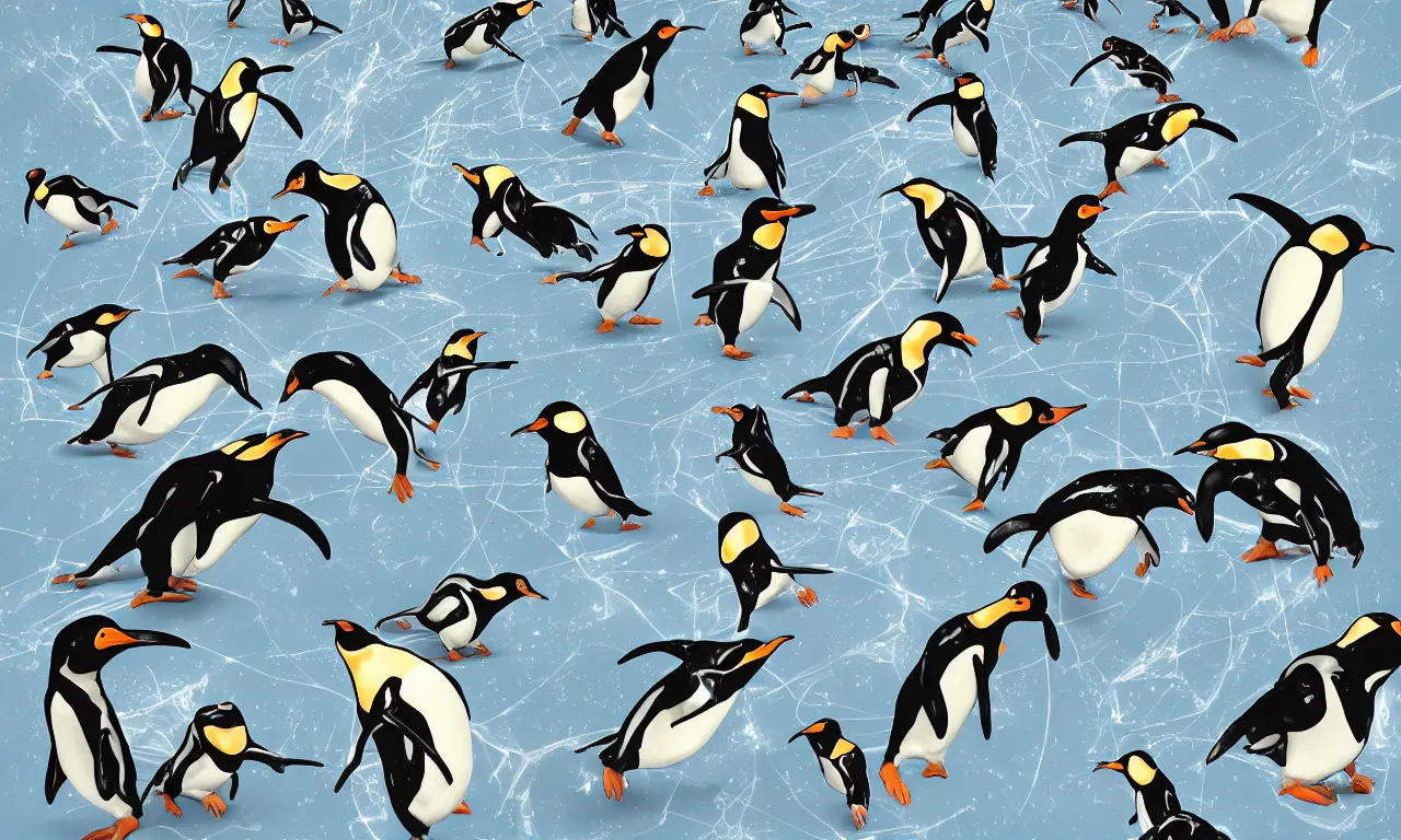 Image similar to busy penguins ripping space, rocks and scissors and interconnected high speed rails, digital art, 3 d illustration, transparent backround