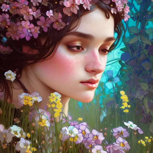 Prompt: Portrait of a girl surrounded by flowers, face, fantasy, intricate, elegant, highly detailed, digital painting, artstation, concept art, smooth, sharp focus, illustration, art by Fernanda Suarez and Artem Demura and alphonse mucha