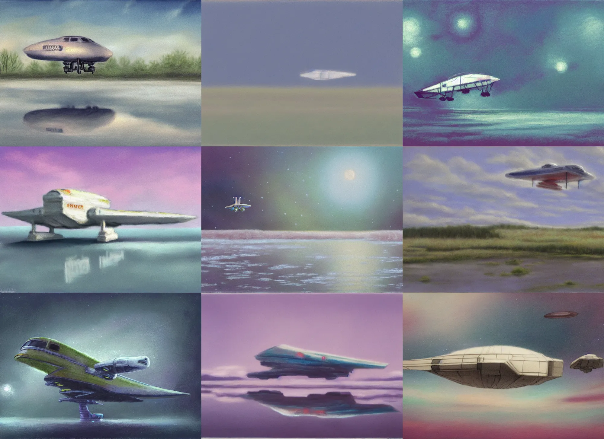 Prompt: soft focus pastel of a cute spaceship named The Icy Condor landing on a swamp