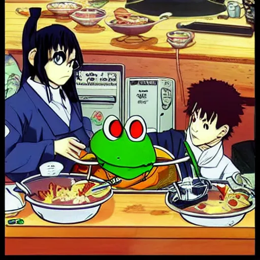 Image similar to conspiratorial toads cook chankonabe, anime 9 0 s, moebius