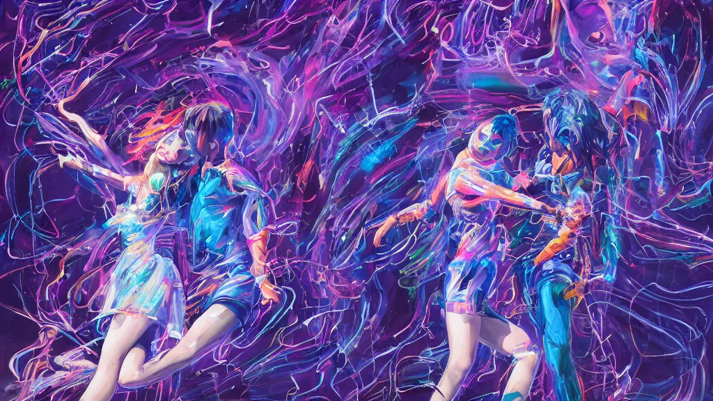 Image similar to a detailed painting of two people dressed as gen z dancing togheter in a nightclub, inspired by yoshitaka amano enveloped in trails of colorful animal ghosts floating around them. clean painting, realistic and auora lighting. dark blue and intense purple color palette, art by kuvshinov ilya, 8 k