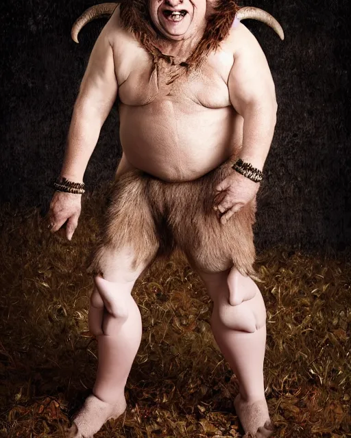 Prompt: actor Danny Devito in Elaborate Pan Satyr Goat Man Makeup and prosthetics designed by Rick Baker, Hyperreal, Head Shots Photographed in the Style of Annie Leibovitz, Studio Lighting