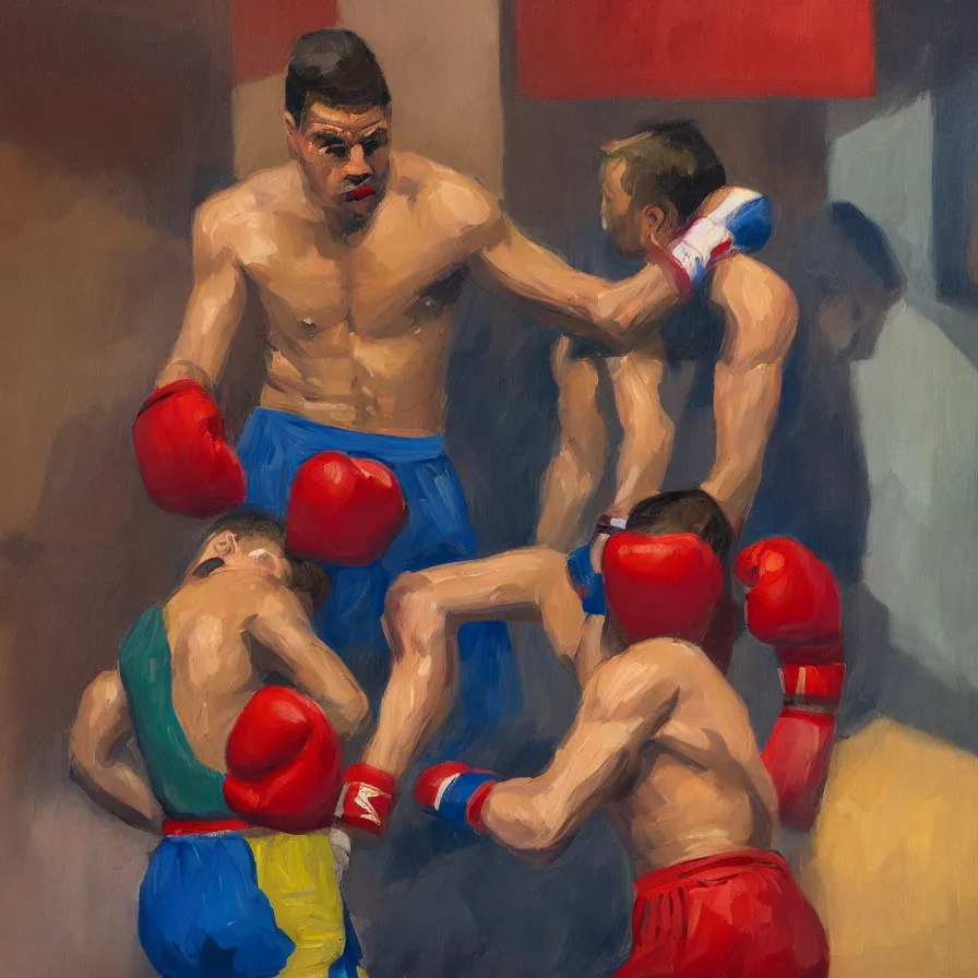 Image similar to a portrait of of boxing man, in the style of edward hopper, in the style of max ginsburg, realism, very small brushstrokes, cinematic lighting, moody, very aesthetic, boxing in an arena, big crowd in the back, flashing lights, blue light, 4 k,