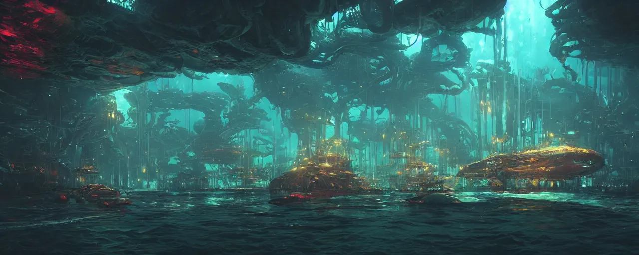 Prompt: ” dark underwater otherwordly terminal lit by bioluminescense, [ deepsea, cinematic, detailed, epic, widescreen, opening, establishing, mattepainting, photorealistic, realistic textures, octane render, art by slop and paul lehr ] ”