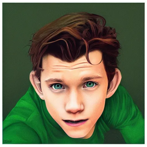 Prompt: Tom Holland as peter pan,brown eyes,green shirt,detailed, 8k hd,by rossdraws and greg rutkowski,in the style of a Instagram profile picture