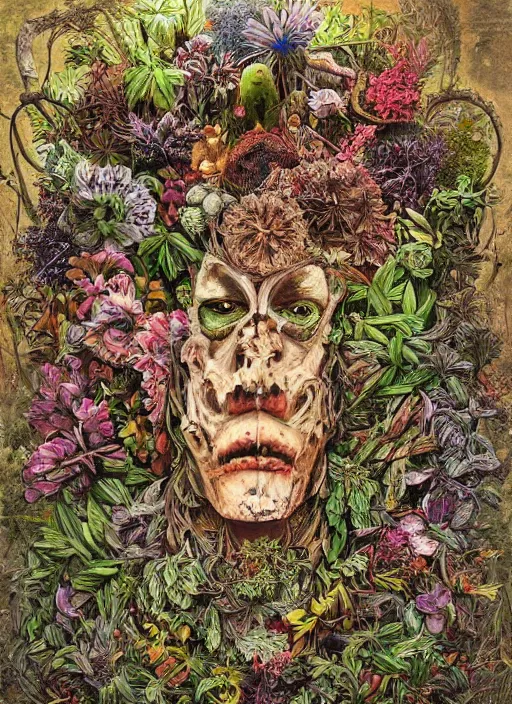 Image similar to a hyper detailed fine painting of a monster made of woods herbs flowers and plants, weird bizzar art, horror tribal surrealism