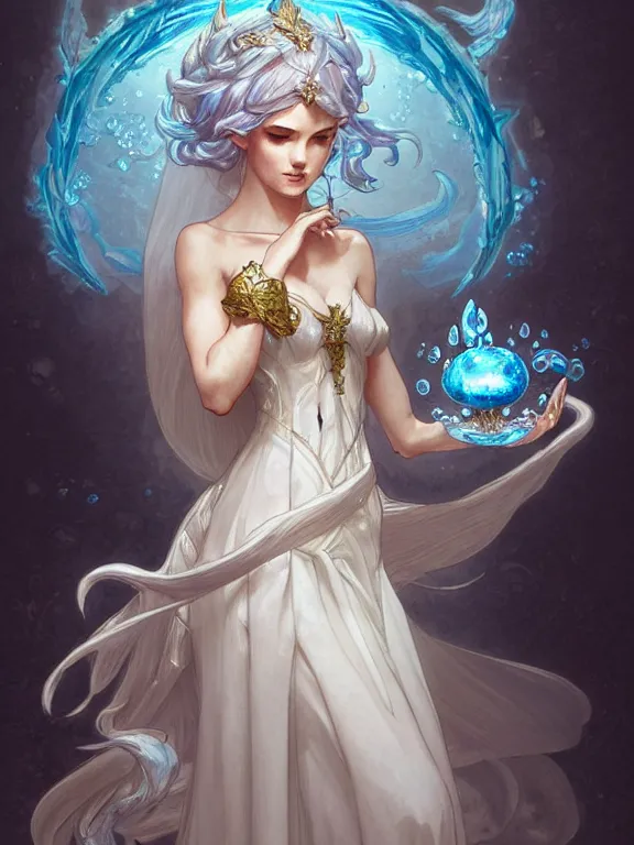 Prompt: summoner wearing wedding dress with a cute water elemental, fantasy, intricate, elegant, highly detailed, digital painting, artstation, concept art, wallpaper, smooth, sharp focus, illustration, art by artgerm and greg rutkowski and alphonse mucha