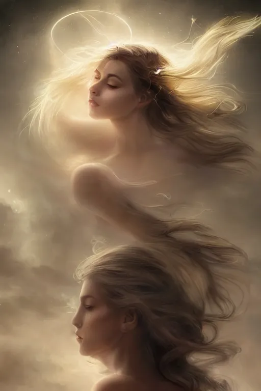 Image similar to a celestial goddess casts a transcendental magical spell, windy floating hair!!, atmospheric moody, dark academia, seductive beauty! cinematic volumetric lights, bust portrait, dnd, fantasy, intricate, elegant, highly detailed, digital painting, artstation, concept art, smooth, sharp focus, illustration, art by artgerm and tom bagshaw and greg rutkowski and alphonse mucha