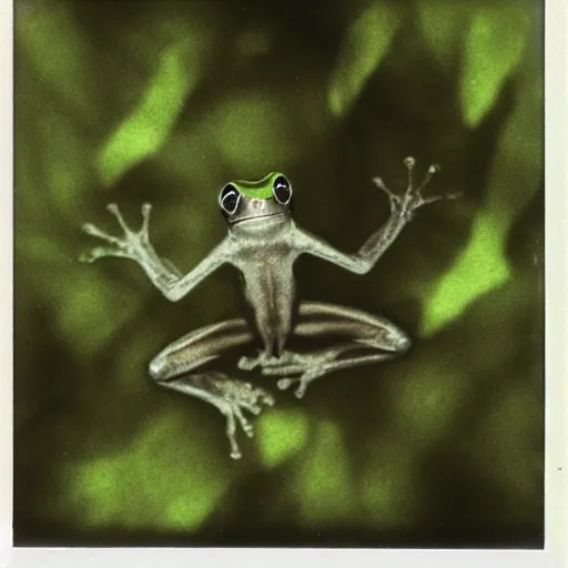 Image similar to flying frog, polaroid photography in style of andrey tarkovski, paranormal, spiritual, mystical, sublime