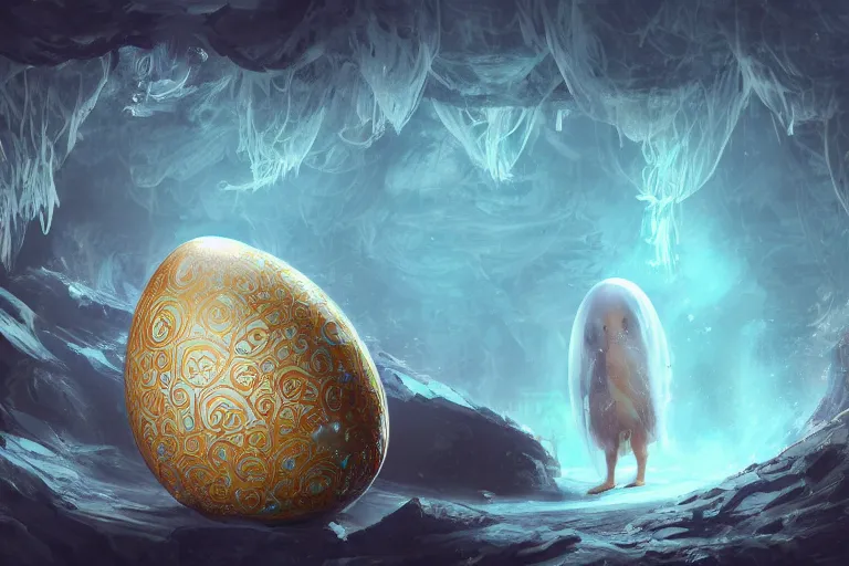 Image similar to a mystical egg with elaborate design inside a cave full of floating jellyfish, wlop, concept art, digital painting, trending on artstation, highly detailed, epic composition, 8 k uhd