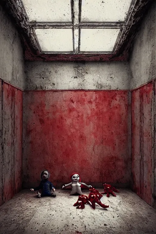 Prompt: room with 3 red windows, child with teeth all over his body except in the mouth, dystopian environment, by michal karcz in the style of chucky | freddy krueger style