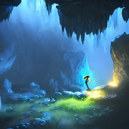 Image similar to an adventurer finding a mystical cave with huge magical mushrooms, glowing blue, a stream of water, dark rocks, shadows, atmospheric, very detailed, cold blue light, artstation