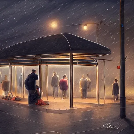 Image similar to a some people waiting in a lone bus stop in quiet dark city night, high quality, high resolution,detailed, by artgerm