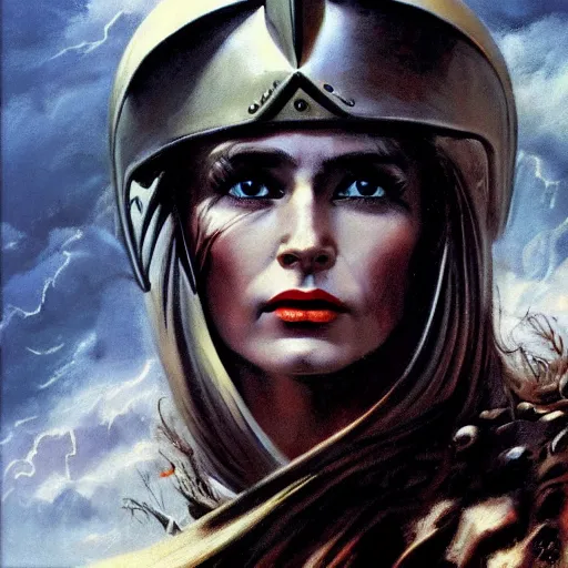 Image similar to ultra realistic portrait painting of an angry valkyrie woman, art by frank frazetta, vintage levi ’ s ad, stormy weather, dark vibes, 4 k, ultra realistic, highly detailed, epic lighting