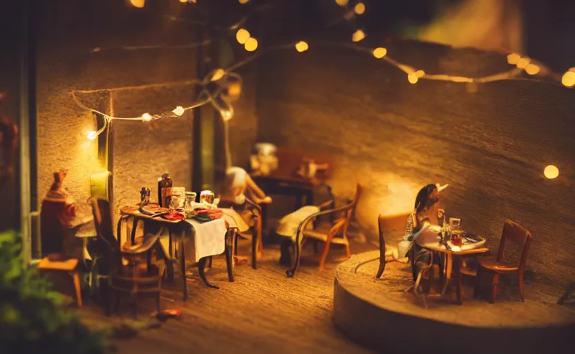 Image similar to mini cafe for mice diorama macro photography, ambient, atmospheric photograph, string lights, romantic