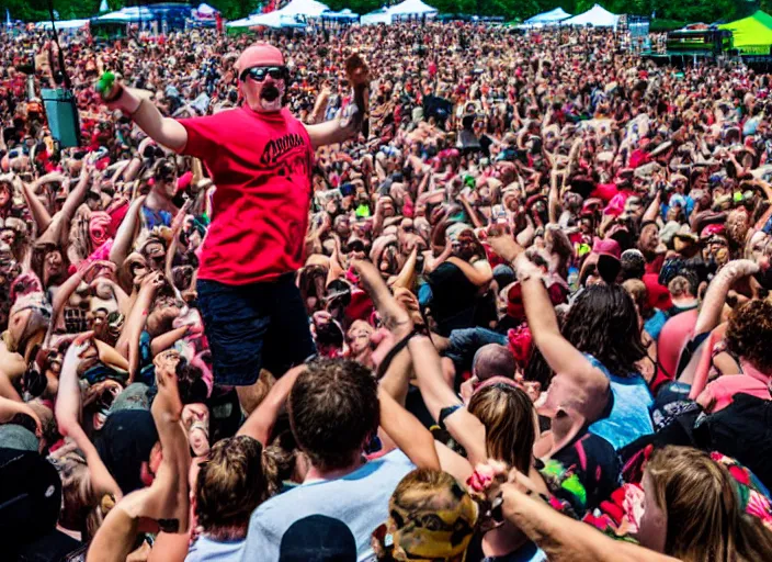 Image similar to photo still of gallagher at vans warped tour!!!!!!!! at age 4 5 years old 4 5 years of age!!!!!!! throwing watermelons at a crowd, 8 k, 8 5 mm f 1. 8, studio lighting, rim light, right side key light