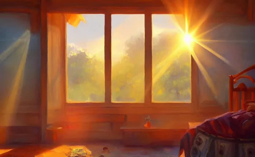 Image similar to happy morning and the rays of the morning sun shining through the window of the village house clear sky, warm colors, happy mood, oil painting, high detail, trending on artstation