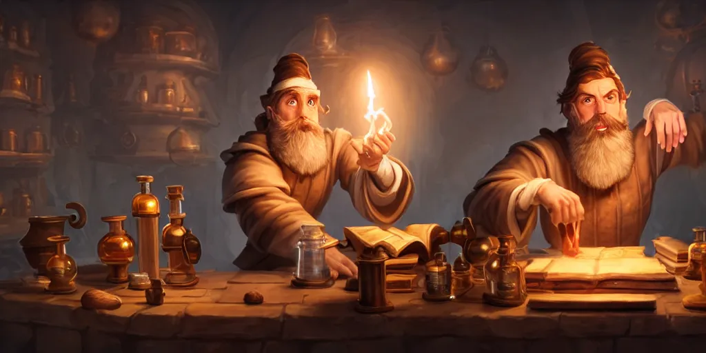 Prompt: a handsome bearded white male sorcerer with brown hair he is casting a spell, he is in a alchemist workshop filled with beakers and equipment, neutral pose, sharp focus, waist up, epic composition, 4 k, by rudy siswanto and anna podedworna